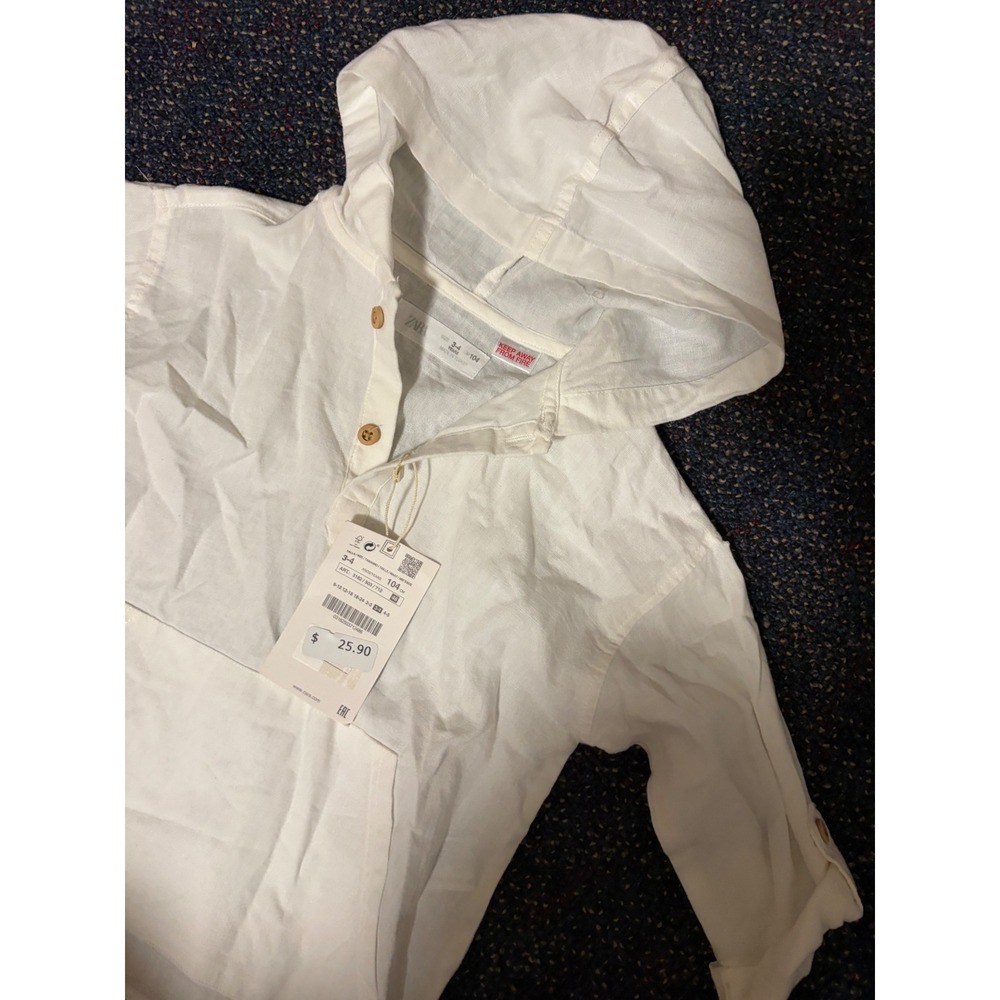Zara Kids White Linen Hooded Shirt Henley Kangaroo Pocket Size 3-4 Years NWT